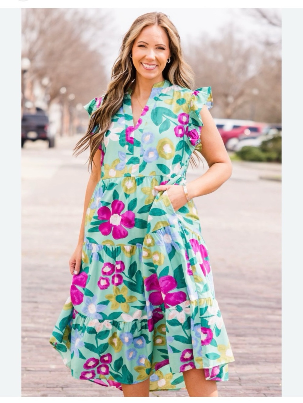 THML Aqua Floral V-Neck Tiered Midi Dress with Pink Accents